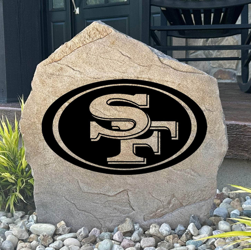 Officially licensed San Francisco 49ers Logo Stone featuring the iconic San Francisco 49ers logo engraved directly into the stone surface. This decorative garden stone adds NFL team spirit and curb appeal to front yards, patios, gardens, and entryways.
