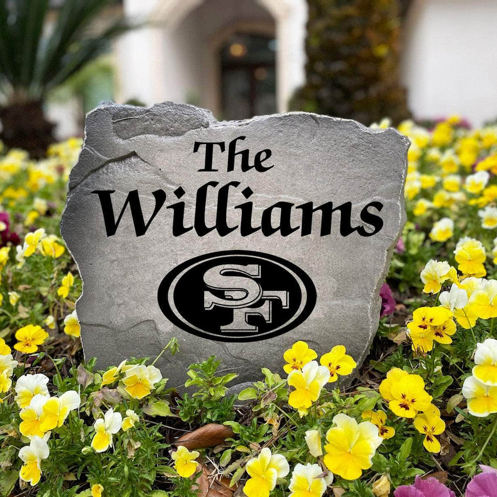 Officially licensed San Francisco 49ers Name Stone handcrafted in the USA with custom family engraving and durable team artwork. This decorative garden stone enhances landscape beds, patios, and outdoor living spaces with lasting beauty and NFL team pride.