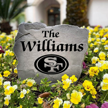 Officially licensed San Francisco 49ers Name Stone handcrafted in the USA with custom family engraving and durable team artwork. This decorative garden stone enhances landscape beds, patios, and outdoor living spaces with lasting beauty and NFL team pride.