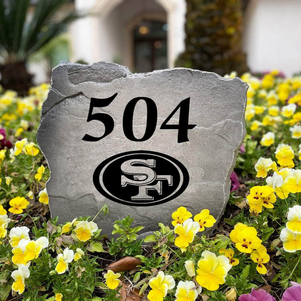 Officially licensed San Francisco 49ers Address Stone handcrafted in the USA with custom house numbers and durable engraved artwork. This weather-resistant address stone provides lasting beauty and curb appeal for football fans and outdoor spaces.