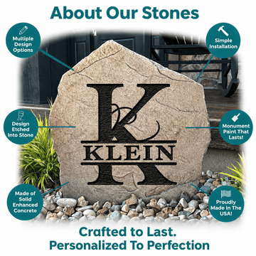 Premium engraved stone designed and made in the USA, featuring permanent artwork carved directly into the stone surface. Ideal for front yards, gardens, patios, and entryways, these stones provide timeless curb appeal and lasting durability.