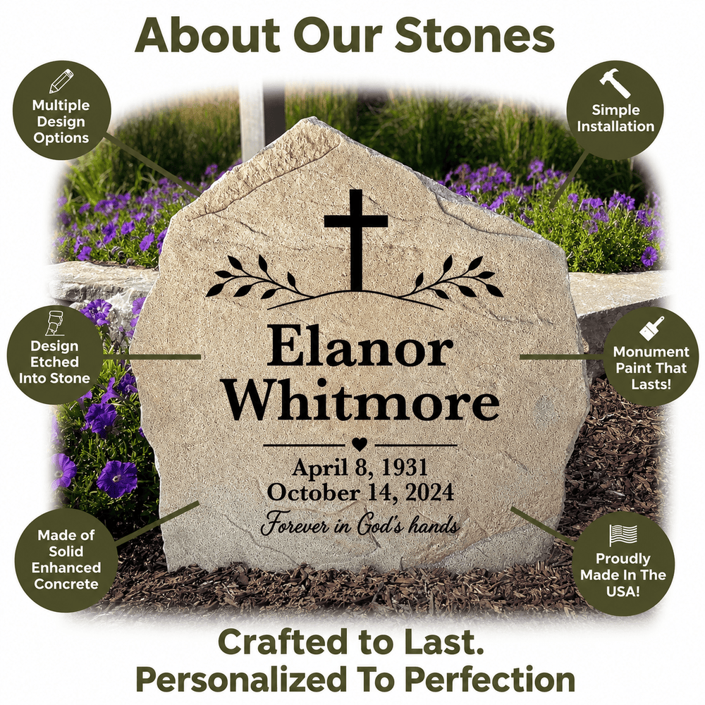 Personalized outdoor memorial stone with a cross and engraved name 'Eleanor Whitmore' and dates, shown in a landscaped garden setting with marketing callouts around it.