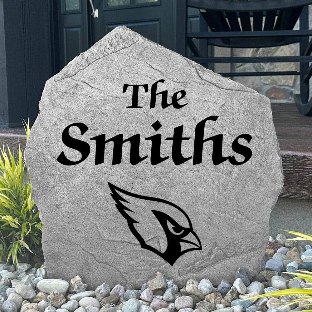 Custom Arizona Cardinals Name Stone featuring the official team logo and your personalized family name. A perfect addition to gardens, patios, landscape beds, and front entryways for devoted Cardinals fans.