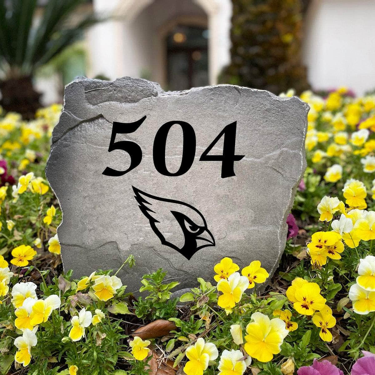 Personalized Arizona Cardinals outdoor address marker engraved into premium stone with authentic NFL graphics. A unique landscaping feature and thoughtful gift for Cardinals fans, homeowners, and football enthusiasts.