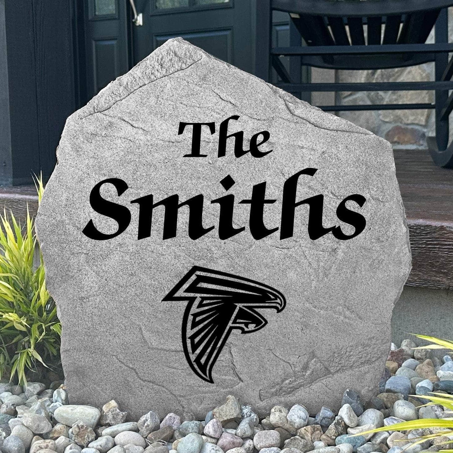 Custom Atlanta Falcons Name Stone featuring the official team logo and your personalized family name. A perfect addition to gardens, patios, landscape beds, and front entryways for devoted Falcons fans.