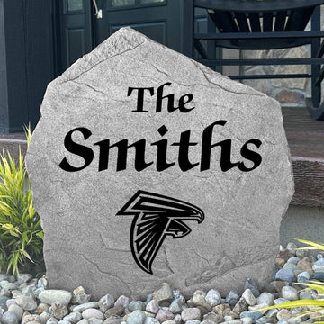 Custom Atlanta Falcons Name Stone featuring the official team logo and your personalized family name. A perfect addition to gardens, patios, landscape beds, and front entryways for devoted Falcons fans.