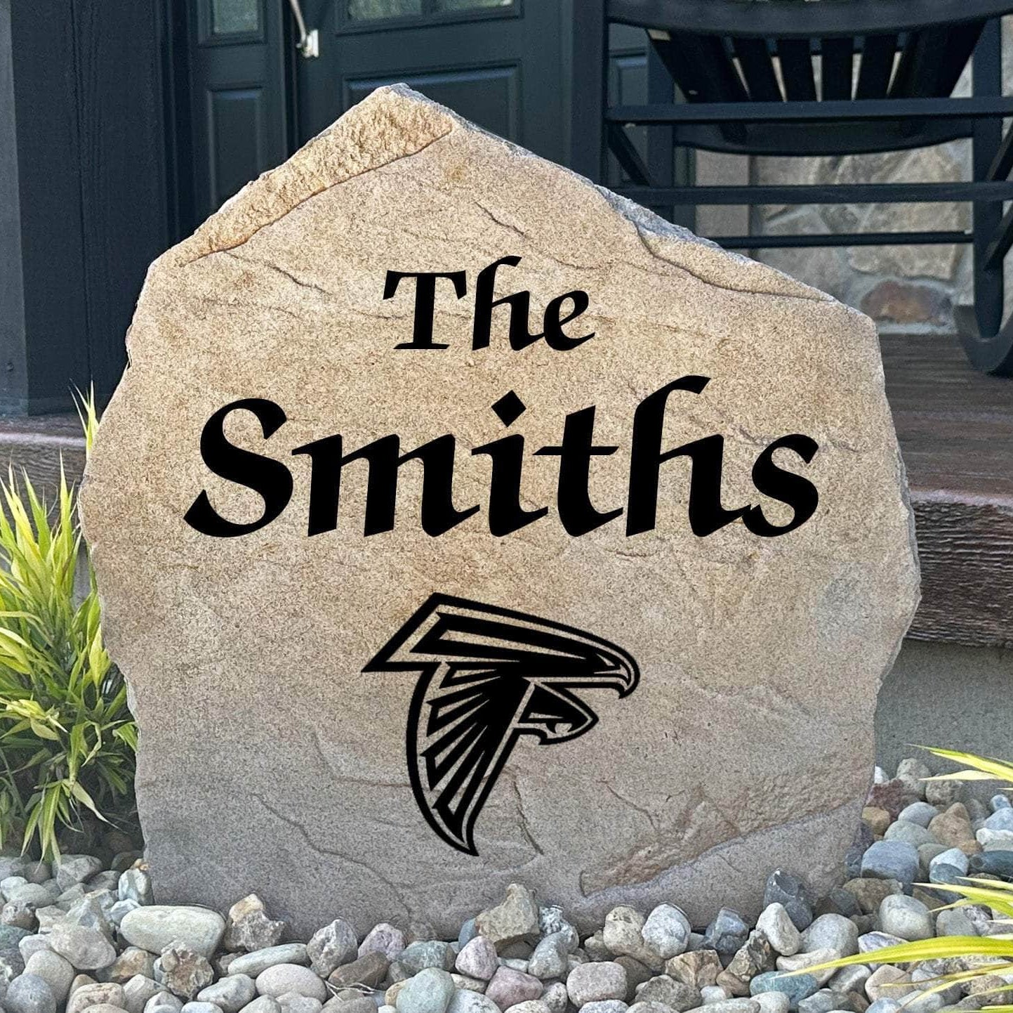 Officially licensed Atlanta Falcons Name Stone personalized with your family name and engraved directly into durable stone. This custom landscape accent showcases Falcons pride while creating a warm welcome for family and friends.