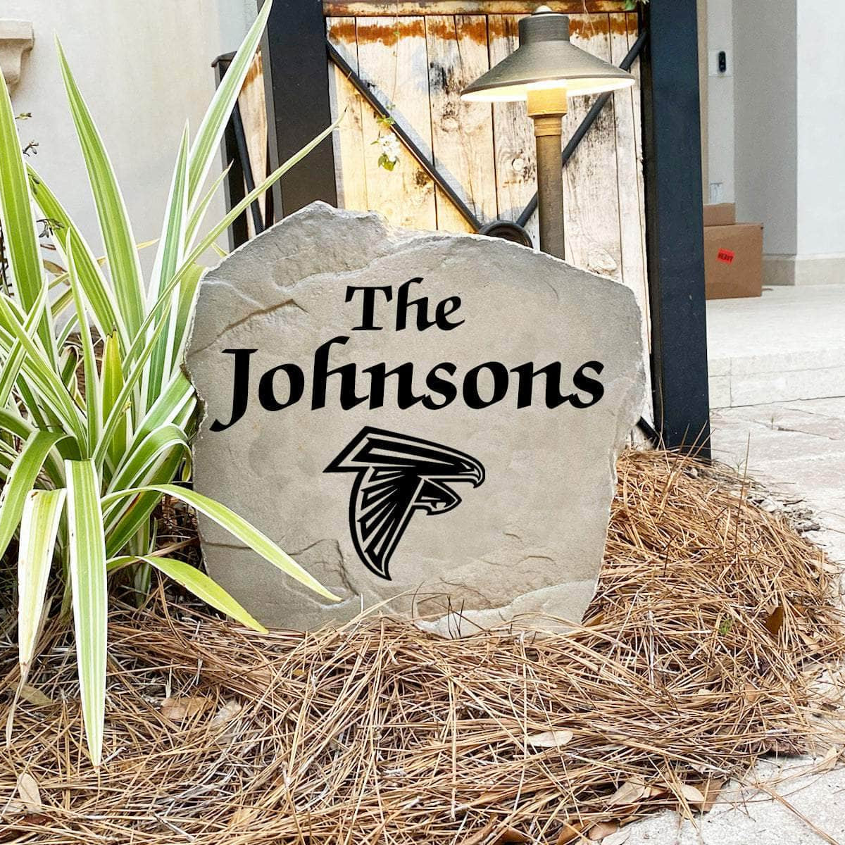 Handcrafted Atlanta Falcons Name Stone proudly made in the USA with precision engraving and officially licensed NFL artwork. Available in Sandstone and Greystone finishes for lasting outdoor beauty.