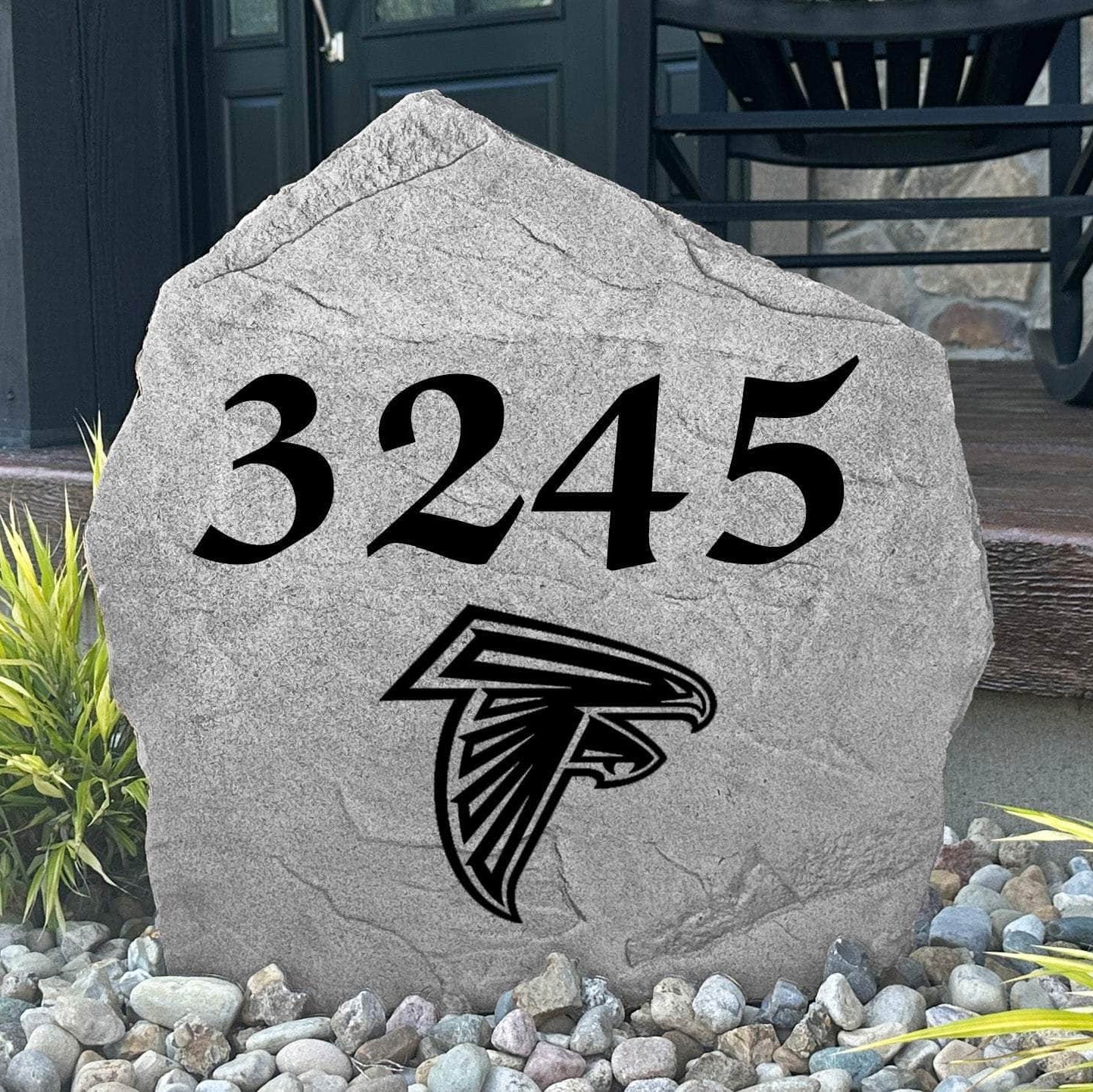 Custom Atlanta Falcons Address Stone featuring the official team logo and personalized house numbers. A stylish way to display your address in front yards, driveways, gardens, and landscaped entryways.