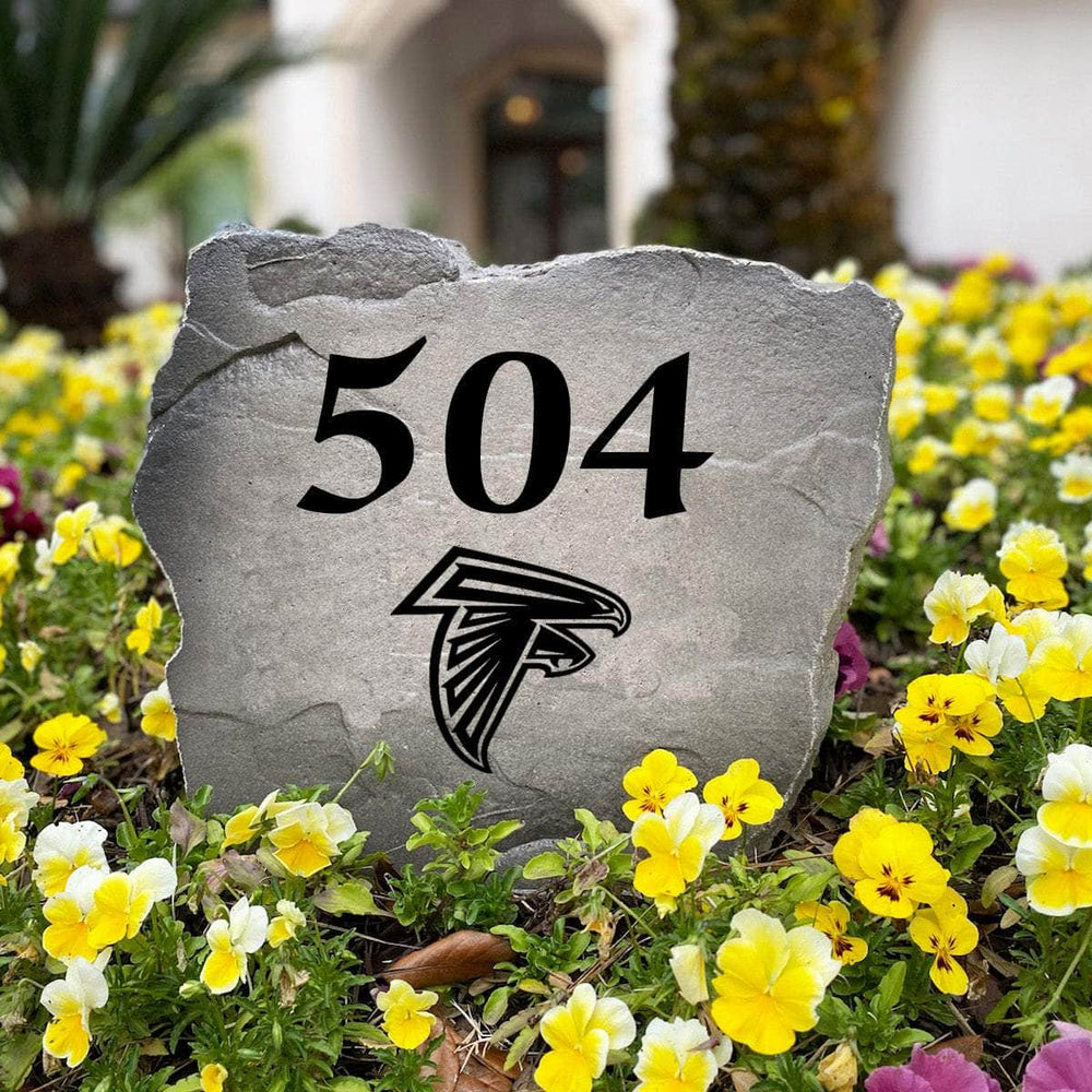 Personalized Atlanta Falcons outdoor address marker engraved into premium stone with authentic NFL graphics. A unique landscaping feature and thoughtful gift for Falcons fans, homeowners, and football enthusiasts.