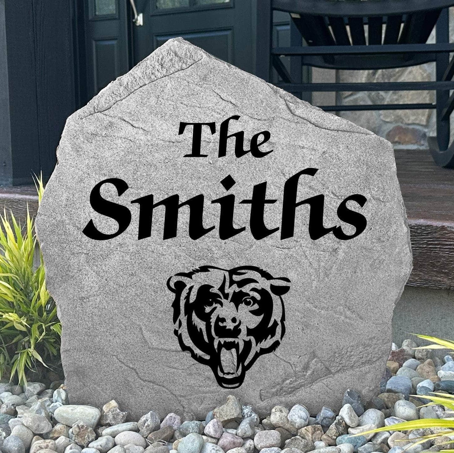 Custom Chicago Bears Name Stone featuring the official team logo and your personalized family name. An ideal outdoor decoration for gardens, patios, landscape beds, and front entryways.