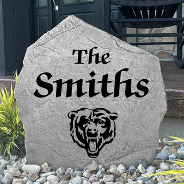 Custom Chicago Bears Name Stone featuring the official team logo and your personalized family name. An ideal outdoor decoration for gardens, patios, landscape beds, and front entryways.