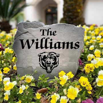 Personalized outdoor Chicago Bears Name Stone with custom family lettering permanently engraved into premium stone. A unique gift for Bears fans, homeowners, housewarmings, and football enthusiasts.