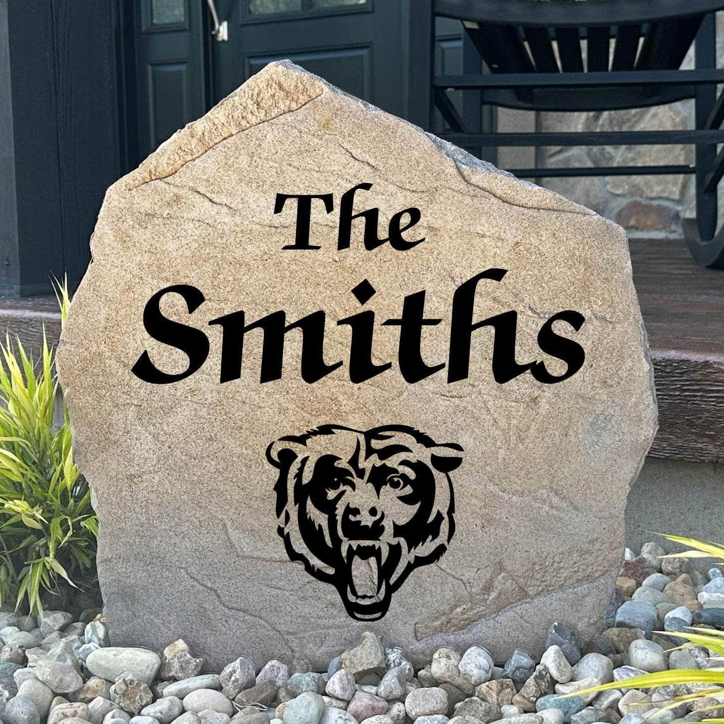 Officially licensed Chicago Bears Name Stone personalized with your family name and engraved directly into durable stone. This custom landscape accent showcases Bears pride while creating a warm welcome for guests.
