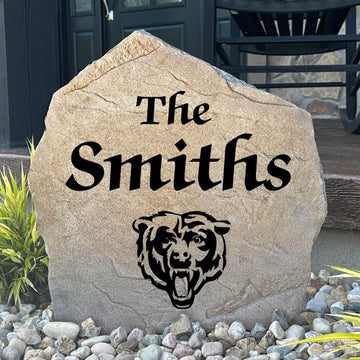 Officially licensed Chicago Bears Name Stone personalized with your family name and engraved directly into durable stone. This custom landscape accent showcases Bears pride while creating a warm welcome for guests.