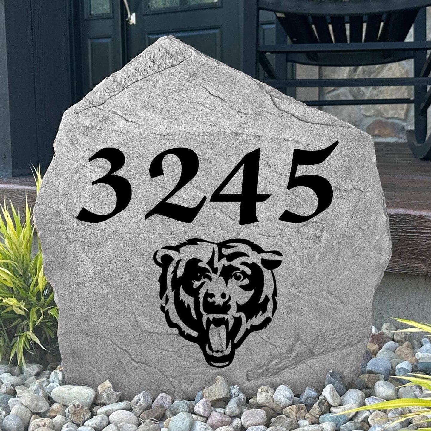 Custom Chicago Bears Address Stone featuring the official team logo and personalized house numbers. Perfect for front yards, landscape beds, driveways, and entryways for devoted Bears fans.