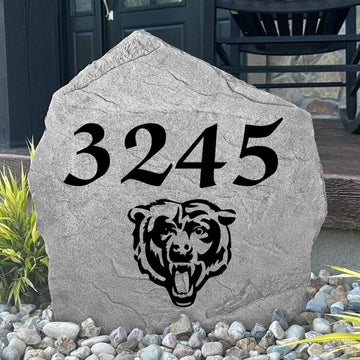 Custom Chicago Bears Address Stone featuring the official team logo and personalized house numbers. Perfect for front yards, landscape beds, driveways, and entryways for devoted Bears fans.
