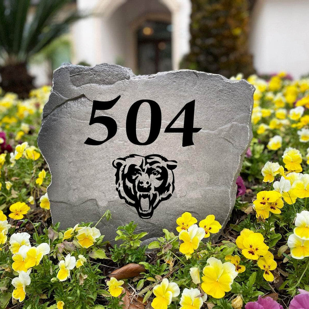 Personalized outdoor Chicago Bears Address Stone featuring custom house numbers permanently engraved into premium stone. A unique landscape accent and thoughtful gift for football fans and new homeowners.
