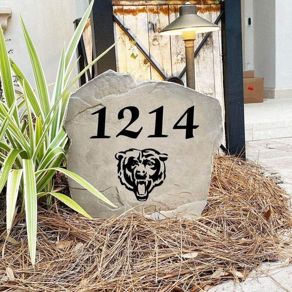 Handcrafted Chicago Bears Address Stone proudly made in the USA with deeply engraved house numbers and officially licensed NFL artwork. Available in Sandstone and Greystone finishes for lasting outdoor durability.