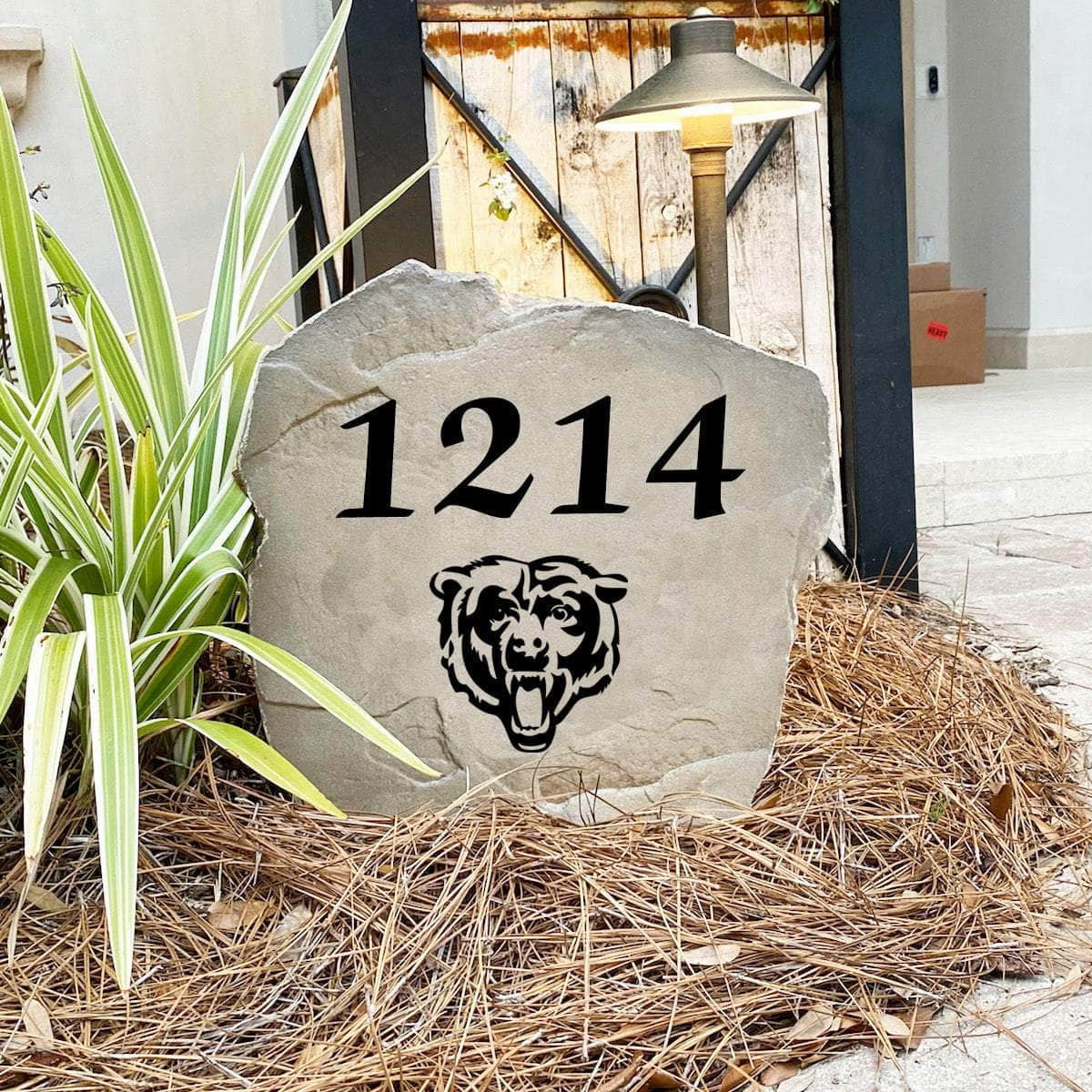 Handcrafted Chicago Bears Address Stone proudly made in the USA with deeply engraved house numbers and officially licensed NFL artwork. Available in Sandstone and Greystone finishes for lasting outdoor durability.