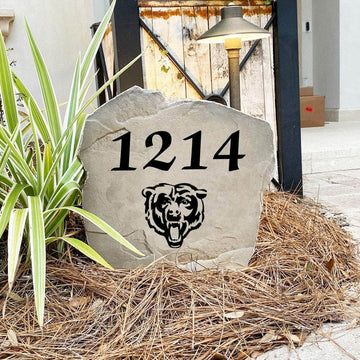 Handcrafted Chicago Bears Address Stone proudly made in the USA with deeply engraved house numbers and officially licensed NFL artwork. Available in Sandstone and Greystone finishes for lasting outdoor durability.