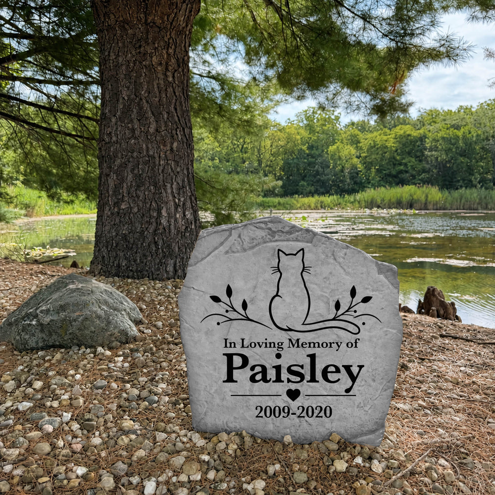 Personalized cat memorial garden stone made in the USA with custom name and remembrance dates