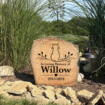 Weather-resistant Beloved Cat remembrance stone displayed in a garden, flower bed, or pet memorial space