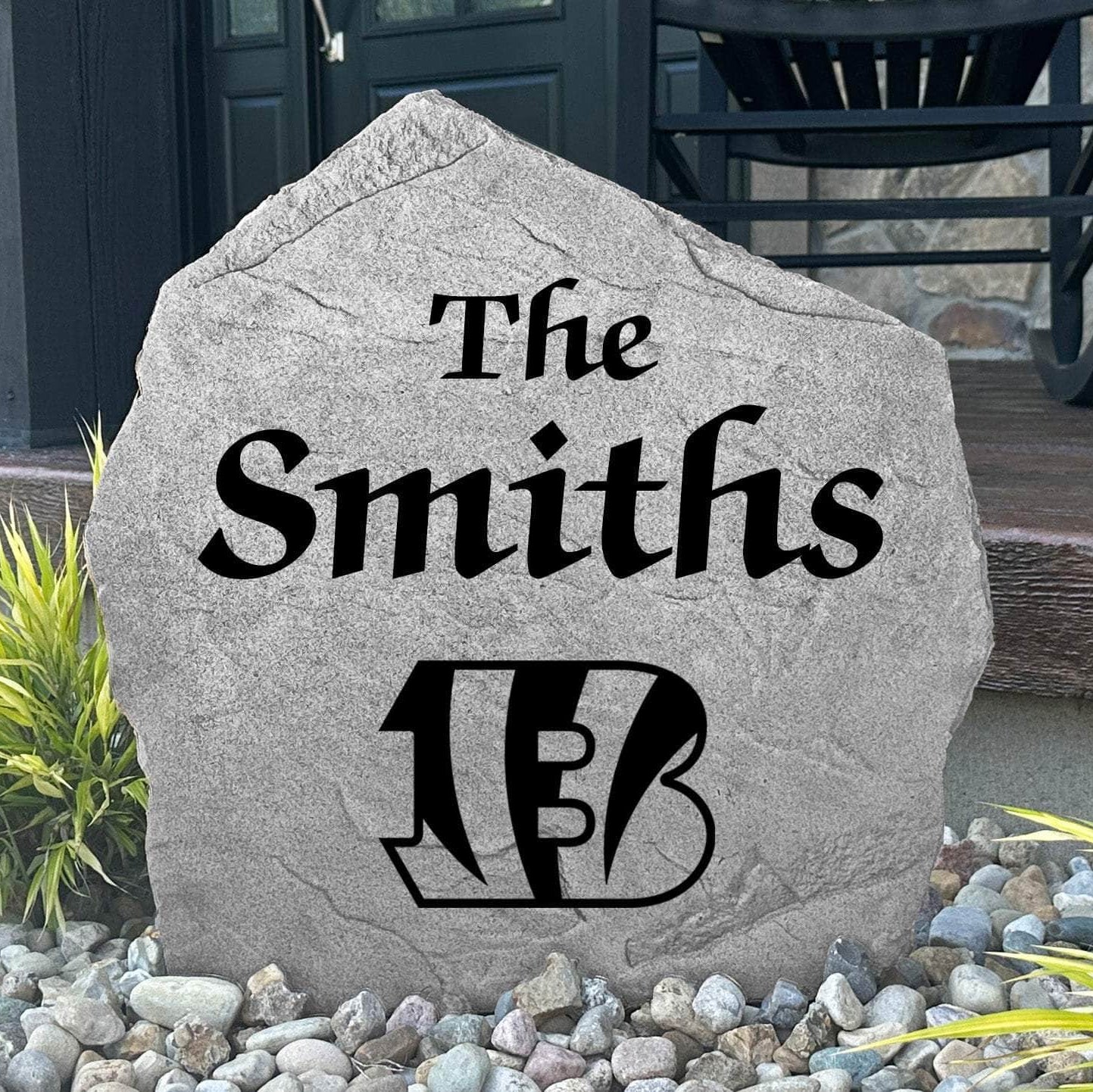 Custom Cincinnati Bengals Name Stone featuring the official team logo and your personalized family name. Perfect for gardens, front entryways, patios, and landscape beds for devoted Bengals fans.