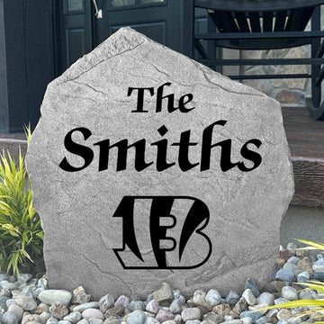 Custom Cincinnati Bengals Name Stone featuring the official team logo and your personalized family name. Perfect for gardens, front entryways, patios, and landscape beds for devoted Bengals fans.