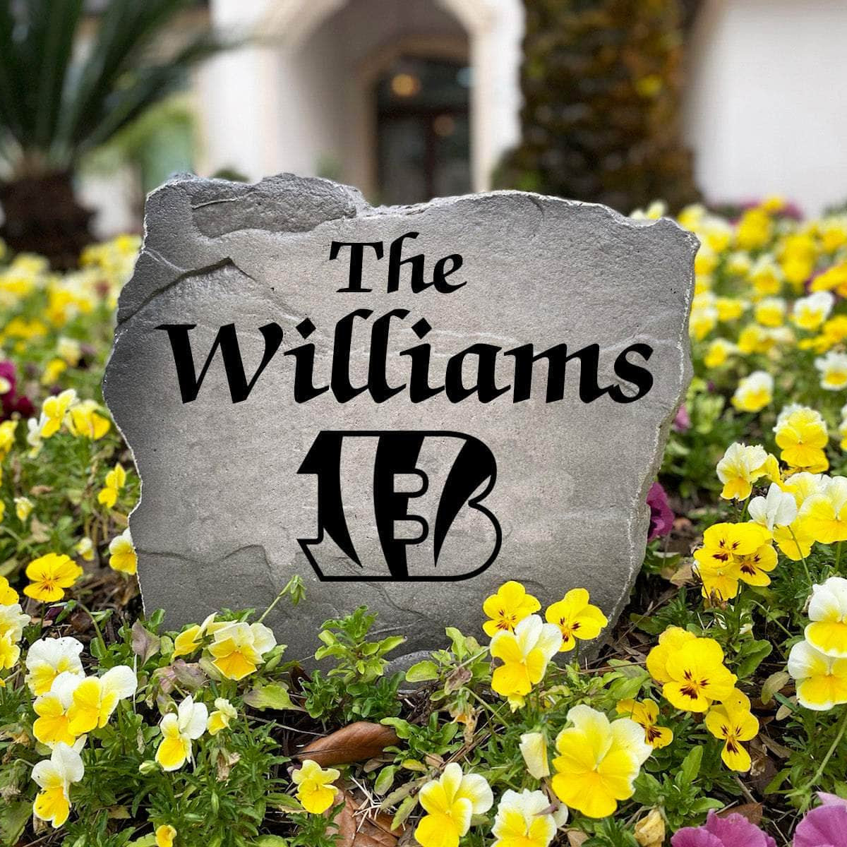 Personalized outdoor Cincinnati Bengals Name Stone featuring custom family lettering permanently engraved into premium stone. A unique gift idea for football fans, new homeowners, or anyone who loves the Bengals.
