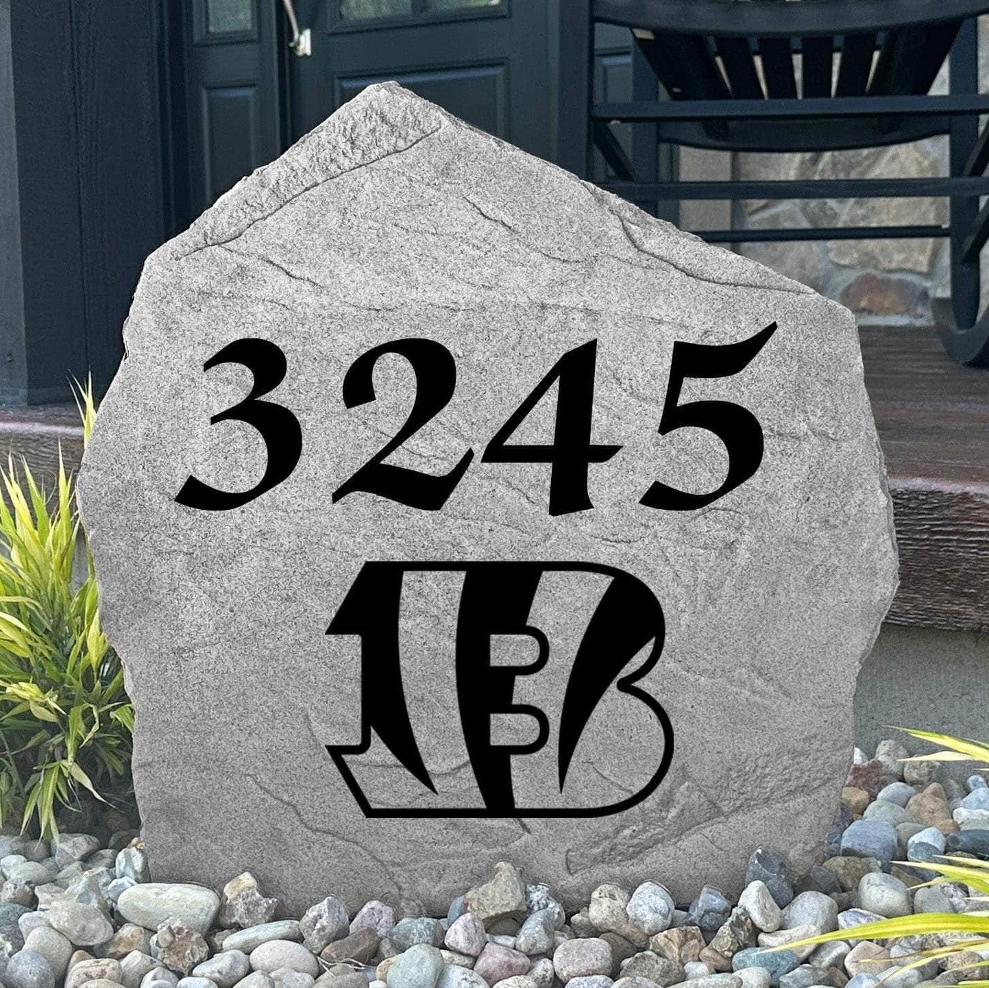 Custom Cincinnati Bengals Address Stone featuring the official team logo and personalized house numbers. Perfect for front yards, landscape beds, driveways, and entryways where fans want to display their team spirit.