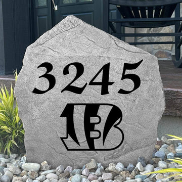 Custom Cincinnati Bengals Address Stone featuring the official team logo and personalized house numbers. Perfect for front yards, landscape beds, driveways, and entryways where fans want to display their team spirit.