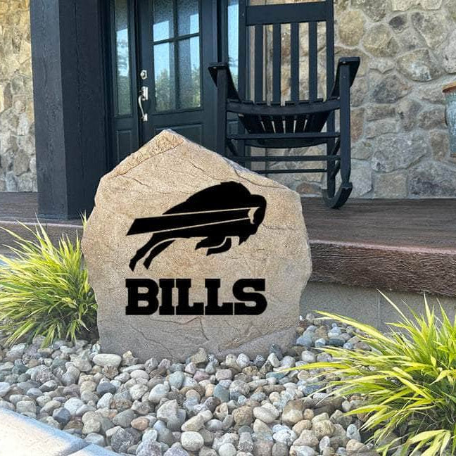 Decorative Buffalo Bills landscape stone showcasing the official team logo engraved directly into weather-resistant stone. An eye-catching addition to gardens, patios, fan caves, outdoor kitchens, and walkways.