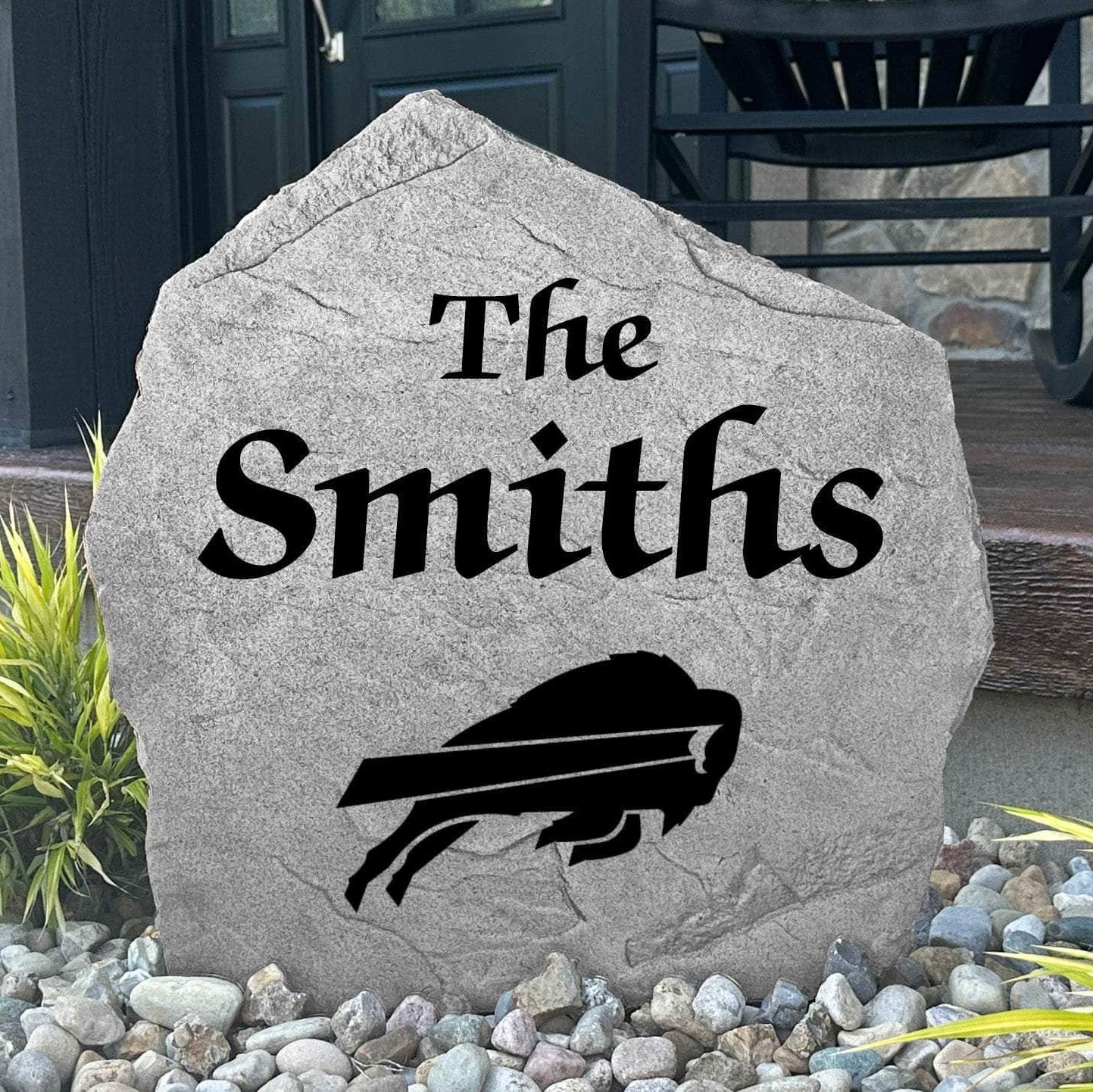 Custom Buffalo Bills Name Stone featuring the official team logo and your personalized family name. An ideal outdoor decoration for gardens, patios, landscape beds, and front entryways.
