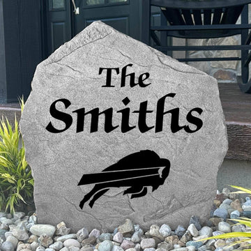 Custom Buffalo Bills Name Stone featuring the official team logo and your personalized family name. An ideal outdoor decoration for gardens, patios, landscape beds, and front entryways.
