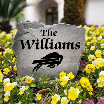 Personalized outdoor Buffalo Bills Name Stone with custom family lettering permanently engraved into premium stone. A unique gift for Bills fans, homeowners, housewarmings, and football enthusiasts.