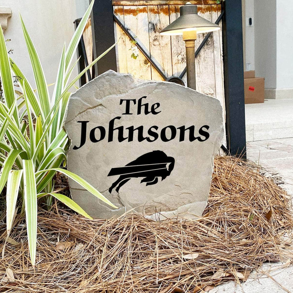 Handcrafted Buffalo Bills Name Stone proudly made in the USA with precision engraving and officially licensed NFL artwork. Available in Sandstone and Greystone finishes for timeless outdoor beauty.