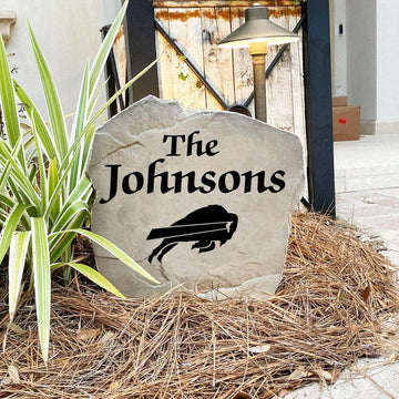 Handcrafted Buffalo Bills Name Stone proudly made in the USA with precision engraving and officially licensed NFL artwork. Available in Sandstone and Greystone finishes for timeless outdoor beauty.