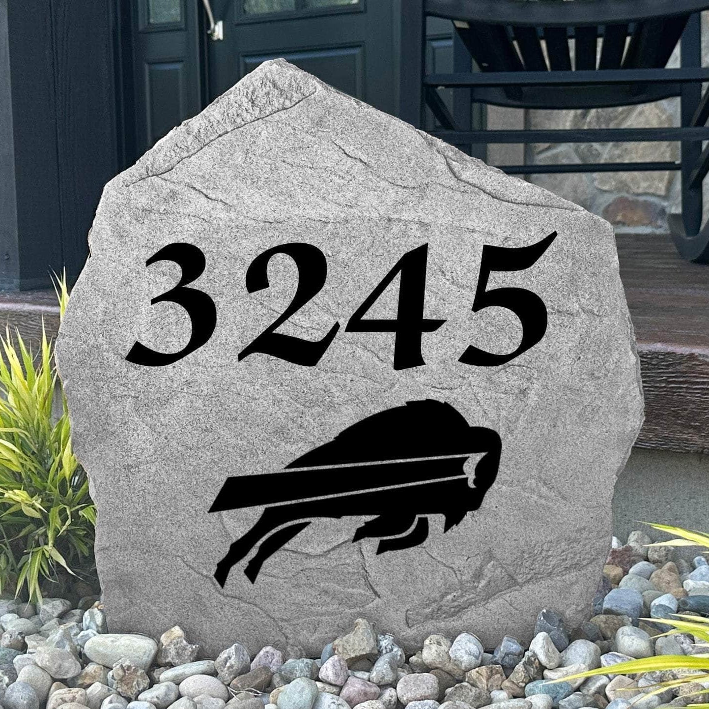 Custom Buffalo Bills Address Stone featuring the official team logo and personalized house numbers. Perfect for front yards, landscape beds, driveways, and entryways for loyal Bills fans.