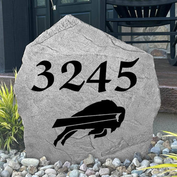 Custom Buffalo Bills Address Stone featuring the official team logo and personalized house numbers. Perfect for front yards, landscape beds, driveways, and entryways for loyal Bills fans.