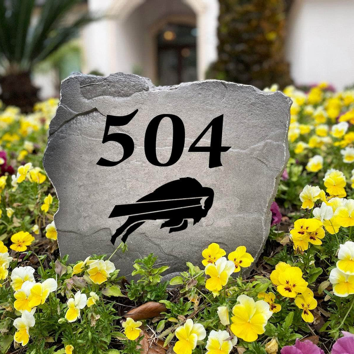Personalized outdoor Buffalo Bills Address Stone featuring custom house numbers permanently engraved into premium stone. A unique landscape accent and thoughtful gift for football fans, new homeowners, and Buffalo Bills supporters.