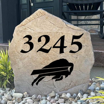 Officially licensed Buffalo Bills Address Stone personalized with your house numbers and engraved directly into durable stone. This custom address marker adds NFL team pride while enhancing your home's curb appeal.
