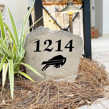 Handcrafted Buffalo Bills Address Stone proudly made in the USA with deeply engraved house numbers and officially licensed NFL artwork. Available in Sandstone and Greystone finishes for lasting outdoor durability.