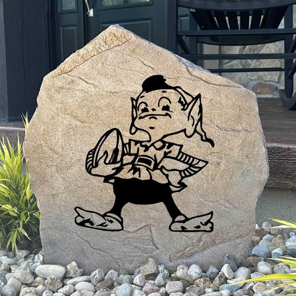 Officially licensed Cleveland Browns Logo Stone with the iconic Browns logo deeply engraved into a handcrafted outdoor stone. A unique landscape accent for NFL fans, front gardens, patios, and walkways.
