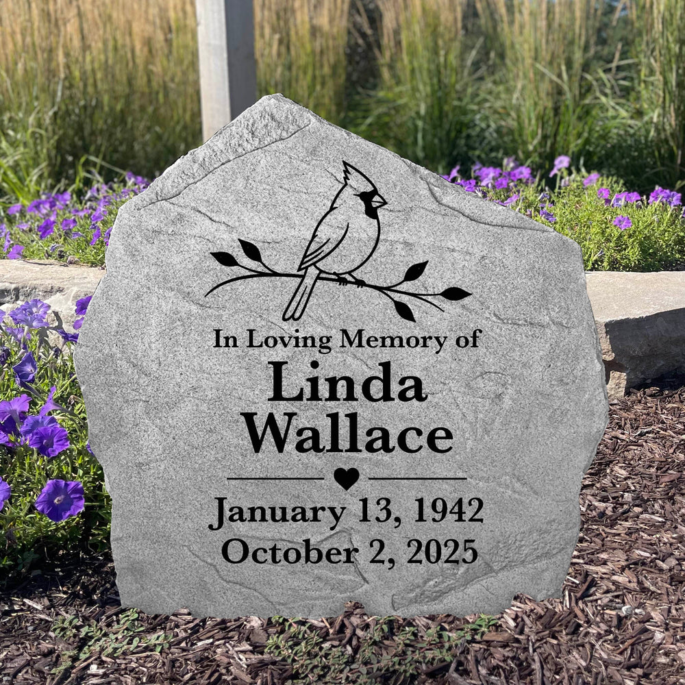 Custom engraved Cardinal Memorial Stone featuring a cardinal bird to honor the memory of a cherished family member or friend.