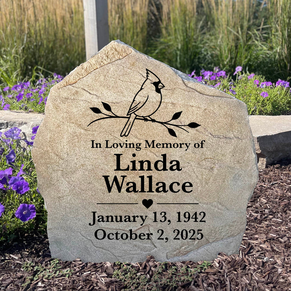 Personalized Cardinal Memorial Stone engraved with a loved one's name for a beautiful garden remembrance.