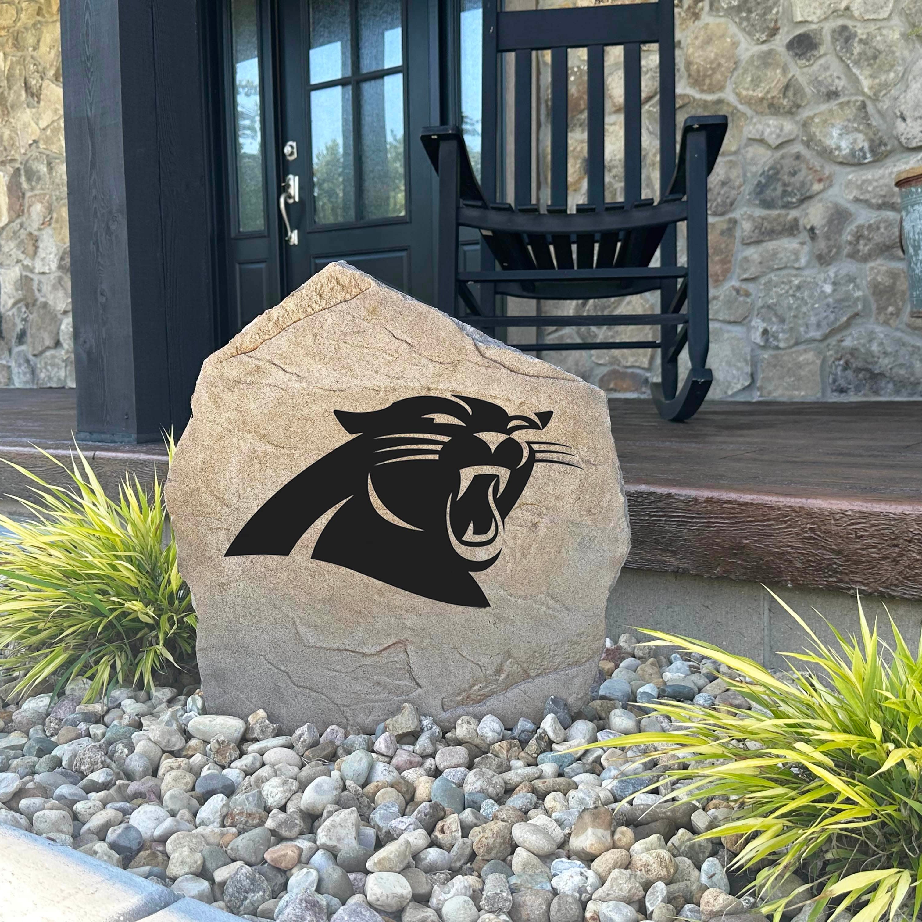 Decorative Carolina Panthers landscape stone showcasing the official team logo engraved directly into weather-resistant stone. An eye-catching addition to gardens, patios, fan caves, outdoor kitchens, and outdoor living areas.