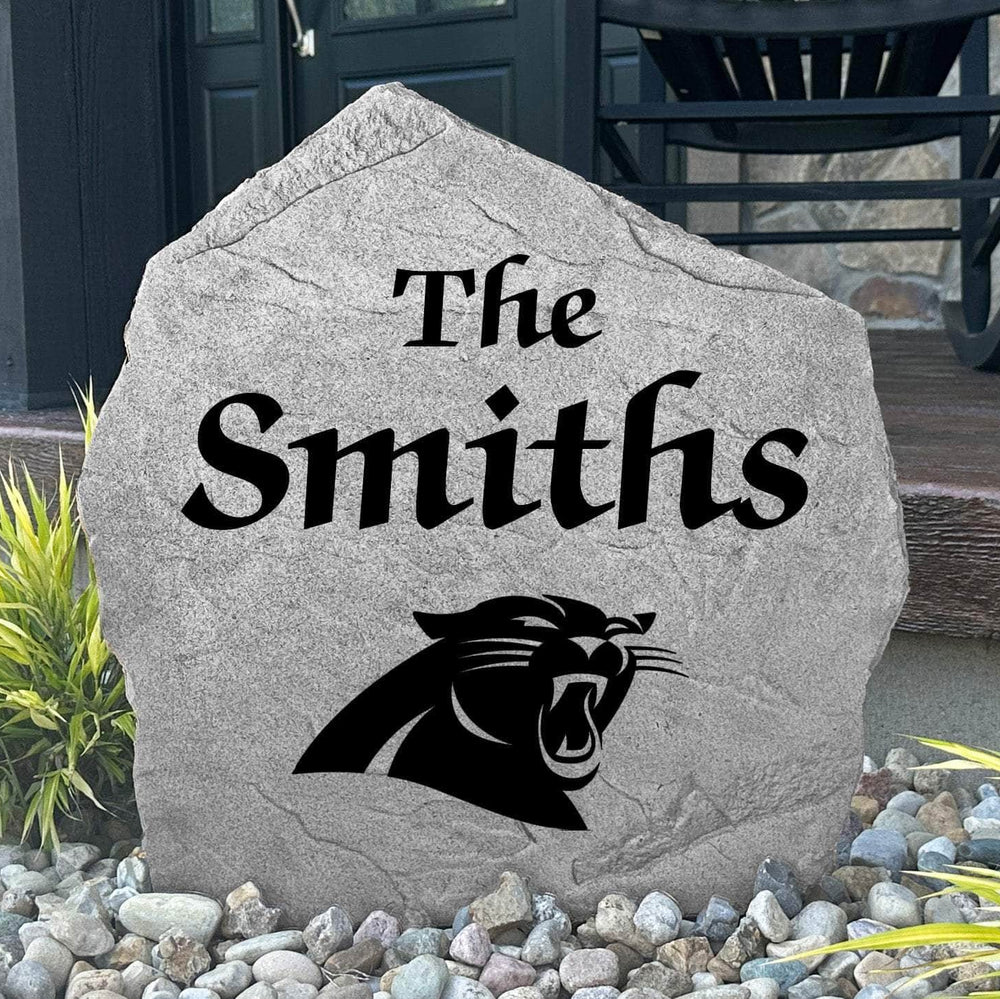 Custom Carolina Panthers Name Stone featuring the official team logo and your personalized family name. An ideal outdoor decoration for gardens, patios, landscape beds, and front entryways.
