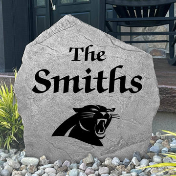 Custom Carolina Panthers Name Stone featuring the official team logo and your personalized family name. An ideal outdoor decoration for gardens, patios, landscape beds, and front entryways.