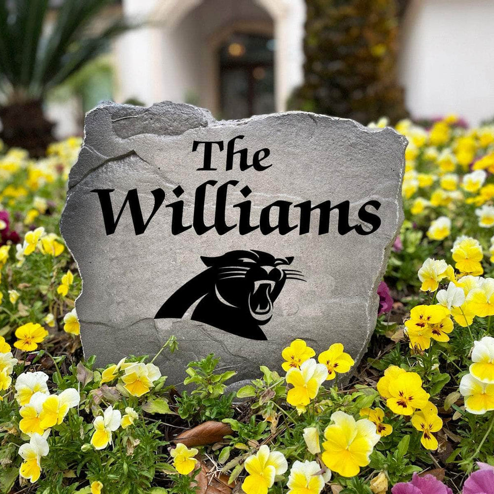 Personalized outdoor Carolina Panthers Name Stone with custom family lettering permanently engraved into premium stone. A unique gift for Panthers fans, homeowners, housewarmings, and football enthusiasts.